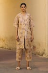 Buy_Cord_Beige Linen Lapel Collar Printed Long Jacket _at_Aza_Fashions