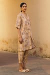 Cord_Beige Linen Lapel Collar Printed Long Jacket _Online_at_Aza_Fashions