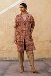 Buy_Cord_Brown Linen Lapel Collar Printed Long Jacket _at_Aza_Fashions