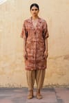 Cord_Brown Linen Lapel Collar Printed Long Jacket _Online_at_Aza_Fashions