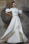 Buy_Shantnu Nikhil_White Raw Silk Ruffle Layered Gown_at_Aza_Fashions