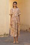 Buy_Cord_Beige Linen V Neck Floral Print Wrap Dress _at_Aza_Fashions