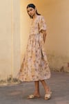 Cord_Beige Linen V Neck Floral Print Wrap Dress _Online_at_Aza_Fashions