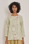 Eka_Green Linen Round Embroidered Top  _at_Aza_Fashions