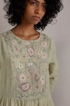 Eka_Green Linen Round Embroidered Dress  _Online_at_Aza_Fashions