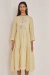 Buy_Eka_Yellow Linen Round Embroidered Dress  _at_Aza_Fashions