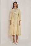 Buy_Eka_Yellow Linen Round Embroidered Dress  _Online_at_Aza_Fashions