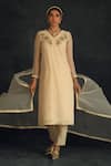 Buy Shikha Mehta Beige Chanderi, Silk Organza V Neck Embroidered Kurta Set at Aza Fashions Buy_Shikha Mehta_Beige Chanderi, Silk Organza V Neck Embroidered Kurta Set _at_Aza_Fashions