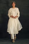 Buy_Shikha Mehta_Beige Chanderi, Organza, Pure Round Kurta Set _at_Aza_Fashions