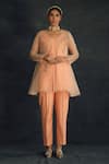Buy_Shikha Mehta_Peach Organza, Chanderi V Neck Cape And Kurta Set _at_Aza_Fashions