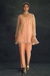 Shop_Shikha Mehta_Peach Organza, Chanderi V Neck Cape And Kurta Set _at_Aza_Fashions