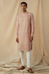 Buy_Philocaly_Peach Raw Silk Embroidered Mirror Work Comet Kurta _at_Aza_Fashions