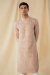 Philocaly_Peach Raw Silk Embroidered Mirror Work Comet Kurta _Online_at_Aza_Fashions