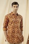 Philocaly_Brown Silk Embroidered Cross Stitch Zinnia Kurta _Online_at_Aza_Fashions