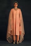 Buy_Shikha Mehta_Peach Chanderi, Silk Organza V Neck Kurta Set _at_Aza_Fashions