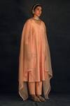 Shop_Shikha Mehta_Peach Chanderi, Silk Organza V Neck Kurta Set _at_Aza_Fashions