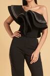 Siddartha Tytler_Black Textured Knit One Shoulder Cascade Corset Top_Online_at_Aza_Fashions