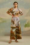 Buy_Cord_Brown Twill, Linen Terrain Print V Neck Lisbon Crop Top And Pant Set_at_Aza_Fashions