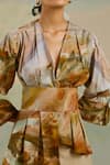 Shop_Cord_Brown Cotton Satin Printed Terrain Plunge Neck Masai Top _Online_at_Aza_Fashions