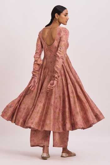 Shop_Dot_Pink Anarkali And Pant Chanderi, Dupatta Organza Notched Collar Set _at_Aza_Fashions
