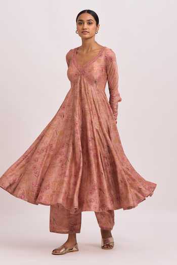 Buy_Dot_Pink Anarkali And Pant Chanderi, Dupatta Organza Notched Collar Set _Online_at_Aza_Fashions