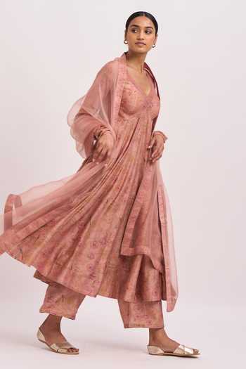 Shop_Dot_Pink Anarkali And Pant Chanderi, Dupatta Organza Notched Collar Set _Online_at_Aza_Fashions