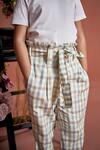 Little Luxury_Blue Cotton Print Checkered Paperbag Pants _at_Aza_Fashions