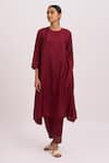 Buy_Dot_Maroon Cotton Silk Resham And Zari Work Round Asymmetric Kurta & Pant Set _Online_at_Aza_Fashions