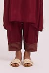 Dot_Maroon Cotton Silk Resham And Zari Work Round Asymmetric Kurta & Pant Set _at_Aza_Fashions