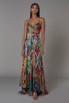 Buy_Saaksha & Kinni_Multi Color Satin Abstract Plunge V Neck Print Trail Gown_at_Aza_Fashions