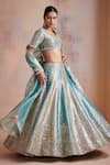 Buy_Suhino_Blue Tissue Embroidered Mirror Work V Neck Bridal Lehenga Set _at_Aza_Fashions