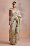 Buy_SUHINO_Green Cotton, Tissue Aari , Bead V Neck Saree With Blouse _at_Aza_Fashions