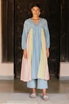 Ayaka_Blue 100% Cotton Chanderi Embroidered Floral V Neck Gathered Tunic  _Online_at_Aza_Fashions