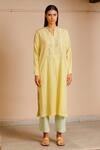 Ayaka_Yellow 100% Organic Cotton Stripes Made With Orange Fibres Floral Keyhole Dress _Online_at_Aza_Fashions