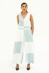 Buy_Corpora Studio_Blue Martin Crepe Cotton Embroidery V Neck Colorblock Jumpsuit  _at_Aza_Fashions