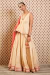 Nikasha_Beige Handwoven Cotton Silk Embroidered Lotus V Neck Print Peplum Lehenga Set _Online_at_Aza_Fashions