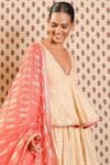 Shop_Nikasha_Beige Handwoven Cotton Silk Embroidered Lotus V Neck Print Peplum Lehenga Set _Online_at_Aza_Fashions