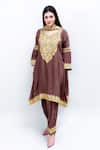 Buy_Daljit Sudan_Brown Crepe And Georgette Tilla Leaf Neck Embroidered Phiran Kurta Pant Set _at_Aza_Fashions