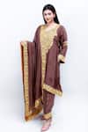 Daljit Sudan_Brown Crepe And Georgette Tilla Leaf Neck Embroidered Phiran Kurta Pant Set _Online_at_Aza_Fashions