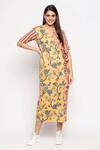 Buy_So Us By Sougatpaul_Yellow Cotton Twill V Neck Floral Print Colorblock Dress _at_Aza_Fashions