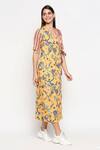 So Us By Sougatpaul_Yellow Cotton Twill V Neck Floral Print Colorblock Dress _Online_at_Aza_Fashions