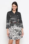 Buy_So Us By Sougatpaul_Black Cotton Twill Lapel Collar Overlap Printed Jacket Dress _at_Aza_Fashions