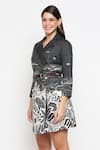 Shop_So Us By Sougatpaul_Black Cotton Twill Lapel Collar Overlap Printed Jacket Dress _Online_at_Aza_Fashions