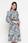 Shop_SO US by Sougatpaul_Blue Cotton Twill Embroidery Band Collar Floral Print Midi Dress_Online_at_Aza_Fashions