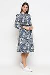 SO US by Sougatpaul_Blue Cotton Twill Embroidery Band Collar Floral Print Midi Dress_Online_at_Aza_Fashions