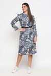 Buy_SO US by Sougatpaul_Blue Cotton Twill Embroidery Band Collar Floral Print Midi Dress_Online_at_Aza_Fashions