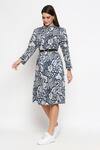Buy_SO US by Sougatpaul_Blue Cotton Twill Embroidery Band Collar Floral Print Midi Dress_at_Aza_Fashions