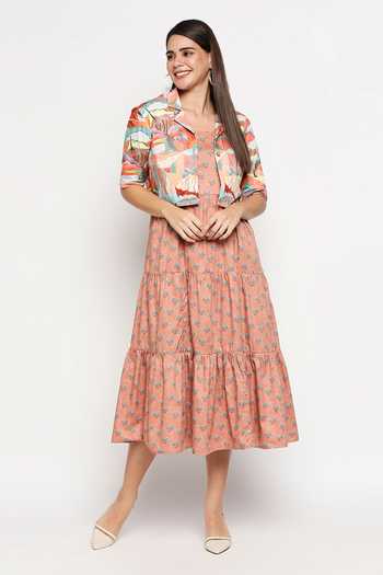 Buy_So Us By Sougatpaul_Peach Cotton Twill Jacket Lapel Collar Tiered Dress With Crop _at_Aza_Fashions