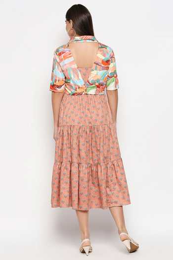 Shop_So Us By Sougatpaul_Peach Cotton Twill Jacket Lapel Collar Tiered Dress With Crop _at_Aza_Fashions
