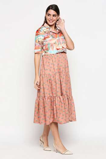 So Us By Sougatpaul_Peach Cotton Twill Jacket Lapel Collar Tiered Dress With Crop _Online_at_Aza_Fashions
